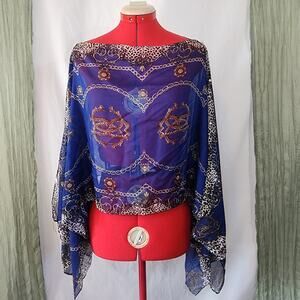 BLUE Scarf Wrap Cardigan White Pearl Button Size One Size